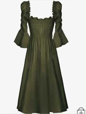 Georgia Hardinge - Olive Green Smocked Midi Dress with Ruffled Sleeves - Size 12